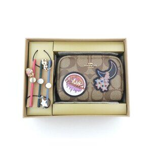 Coach Signature Coated Canvas Disco Boxed Mini Boxy Cosmetic Case & Hair Ties NW